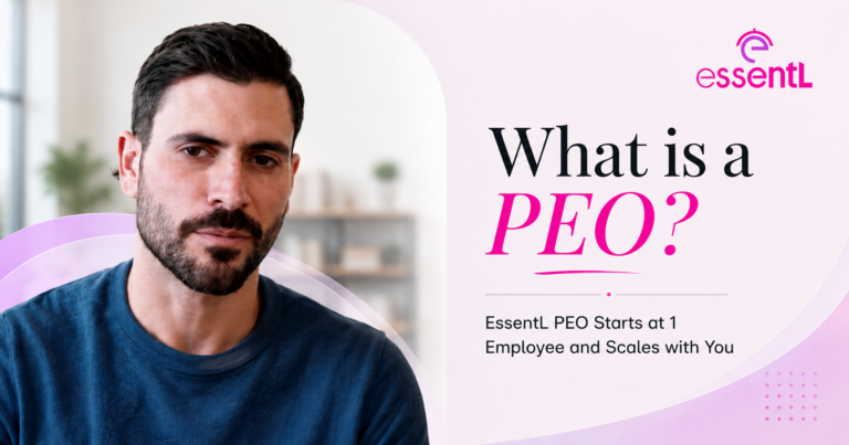 A man with a beard looks directly at the camera, beside text explaining PEO services by EssentL.