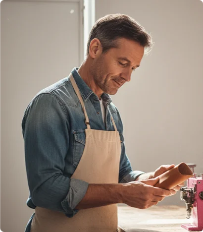 Small business owner crafting leather goods, simplifying HR and payroll with EssentL.