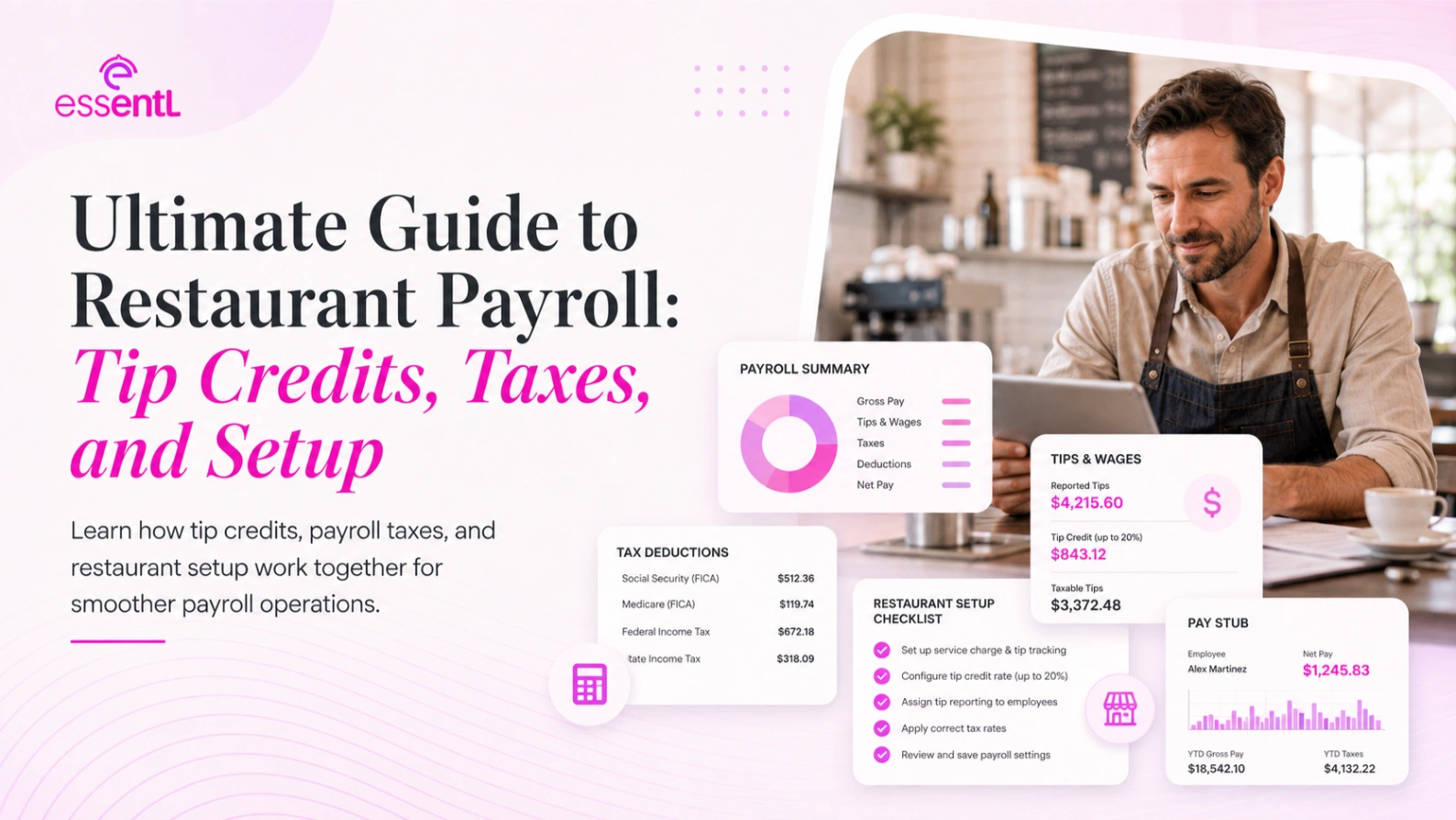 Restaurant owner reviewing payroll summary and tip calculations for compliant wage management.